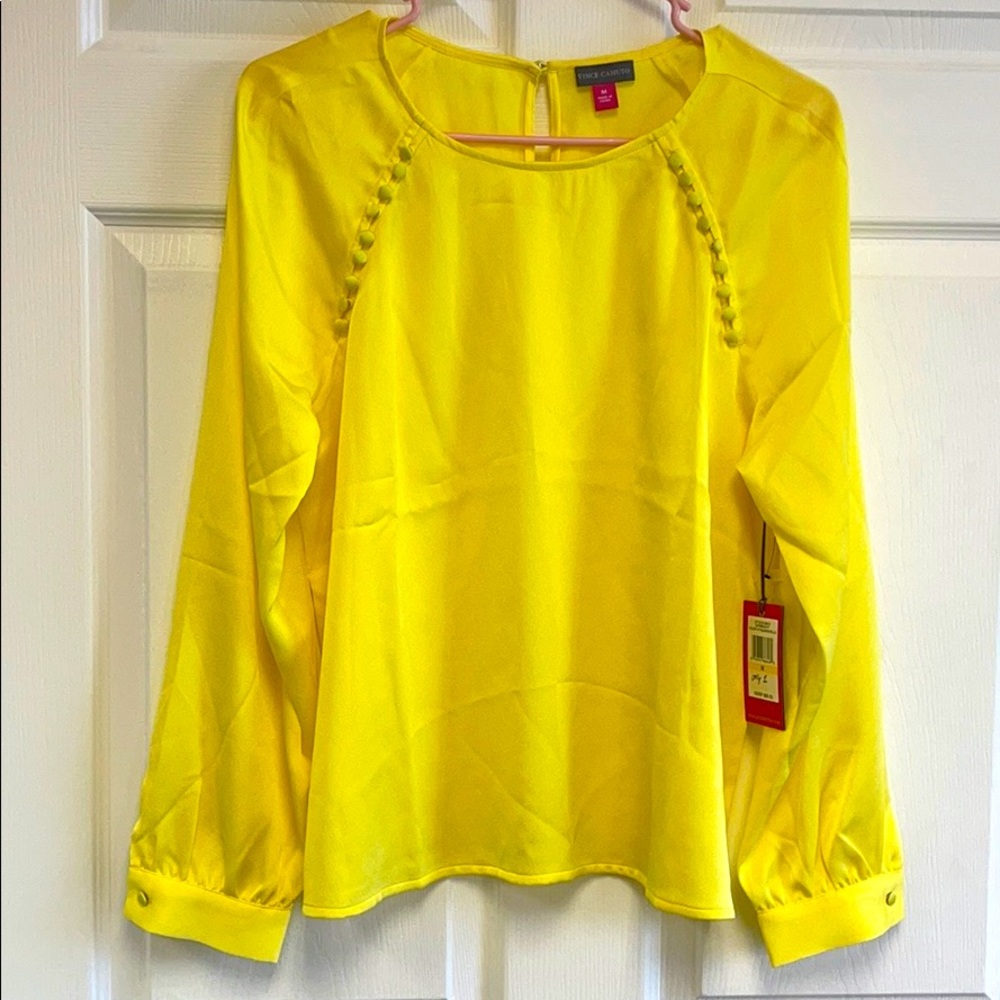 Vince Camuto Bubble Sleeve Satin Blouse in Yellow
